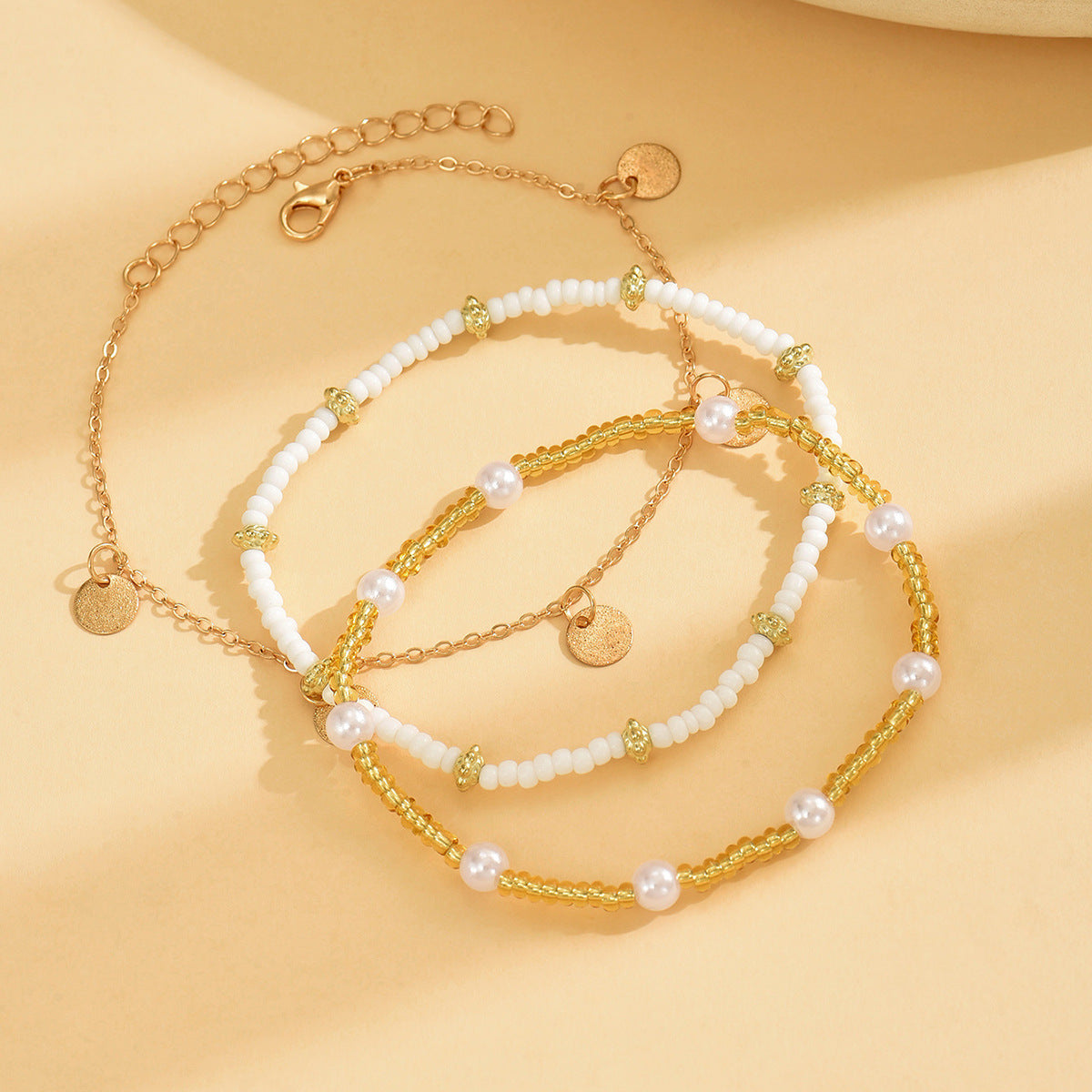 Bohemian Style Iron Wafer Pendant Bead Anklet Three-piece Set