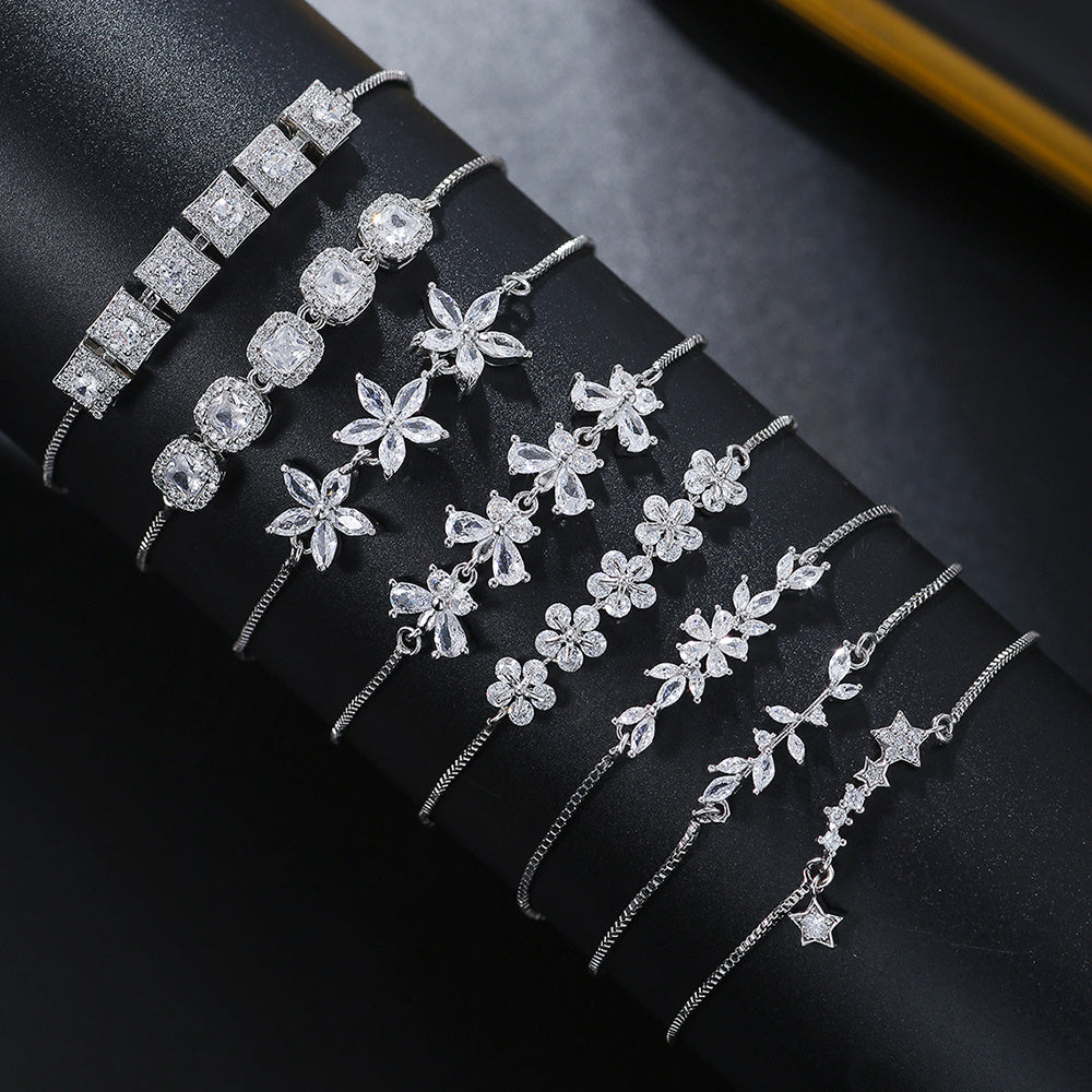 1pcs Fashionable Zircon Bracelet Silver Flower Leaf Drawstring Design Chain Inlaid Gold-plated Bracelet Suitable For Women's Daily Holiday Wear