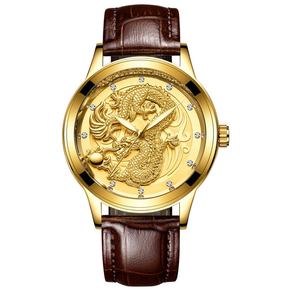 Yellow Gold Quartz Steel Belt Dragon And Phoenix Couple Watch
