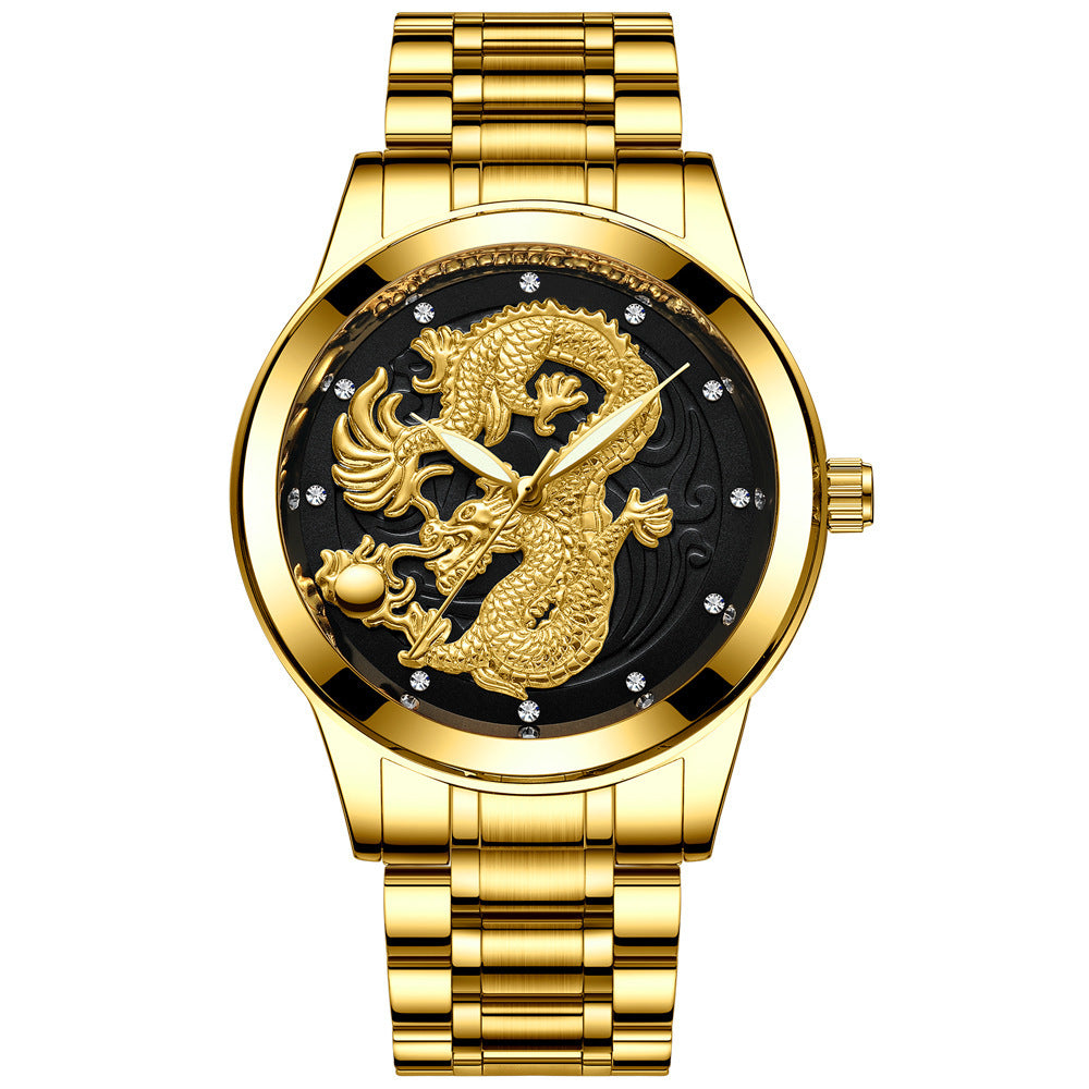 Yellow Gold Quartz Steel Belt Dragon And Phoenix Couple Watch