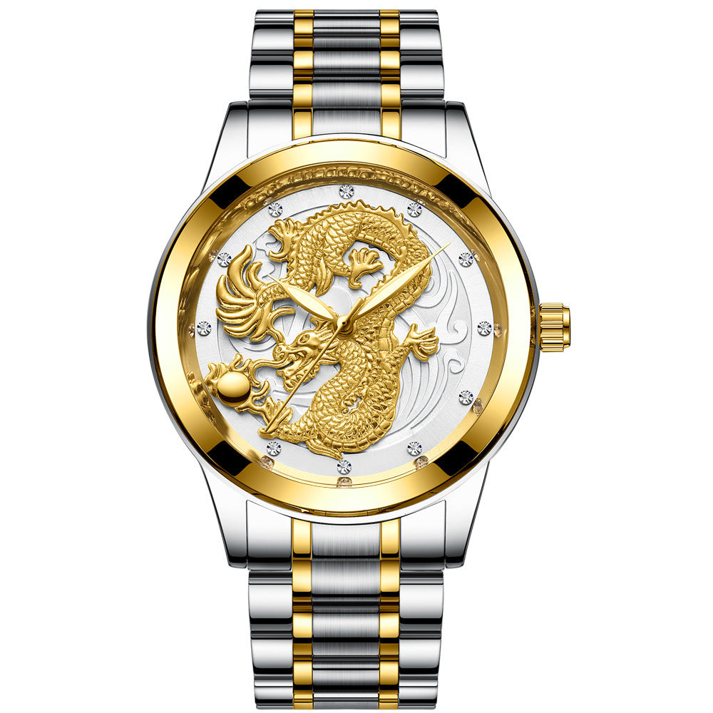 Yellow Gold Quartz Steel Belt Dragon And Phoenix Couple Watch