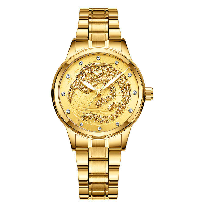Yellow Gold Quartz Steel Belt Dragon And Phoenix Couple Watch