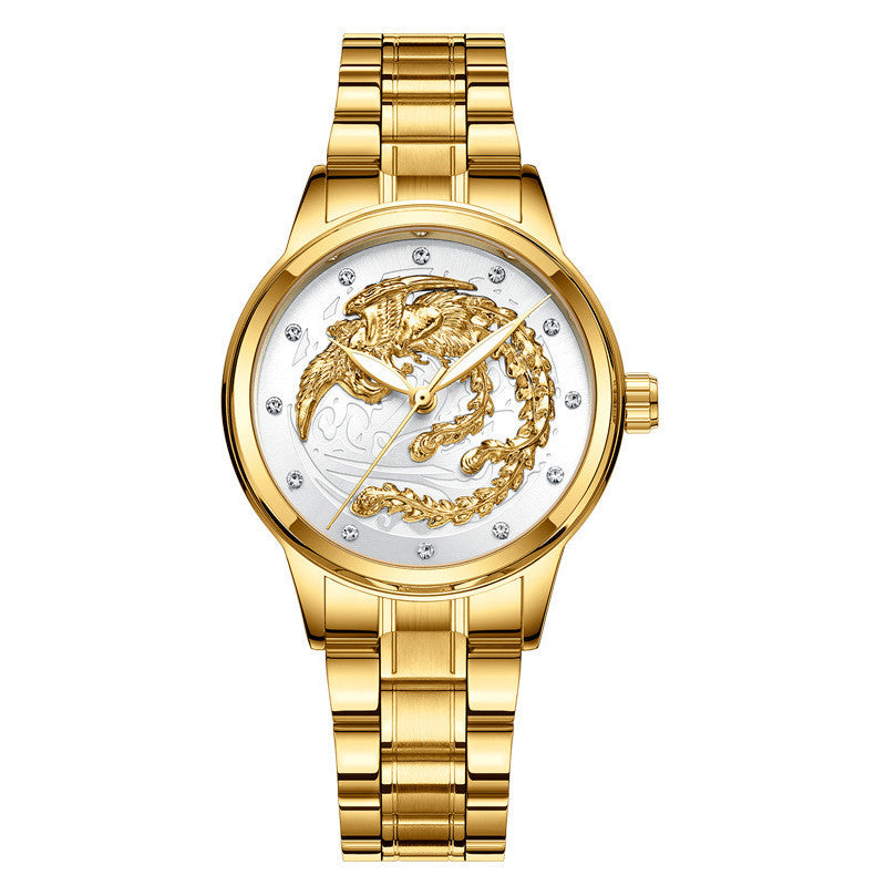 Yellow Gold Quartz Steel Belt Dragon And Phoenix Couple Watch