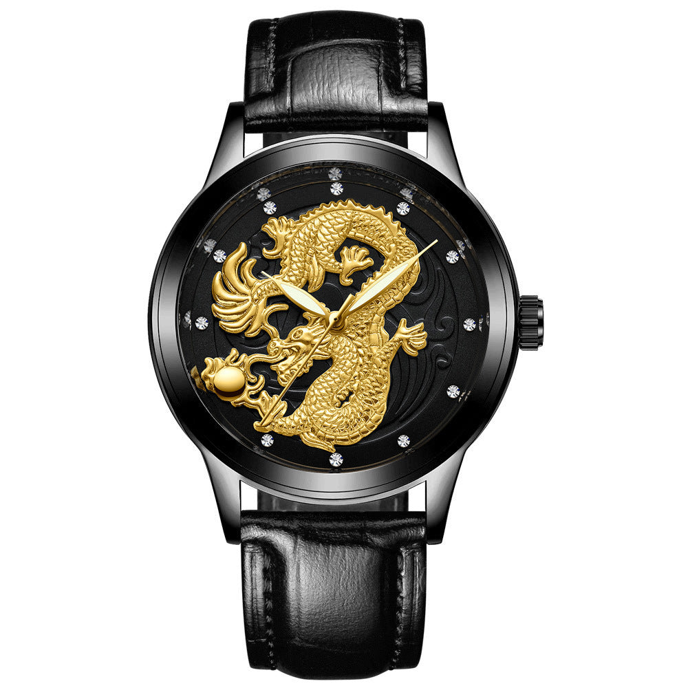 Yellow Gold Quartz Steel Belt Dragon And Phoenix Couple Watch