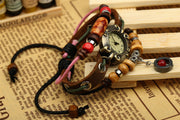 Alloy Pendant Beaded Leather Bracelet Watch