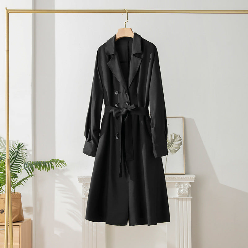 Women's Over-the-knee Mid-length Trench Coat With Silk Waist