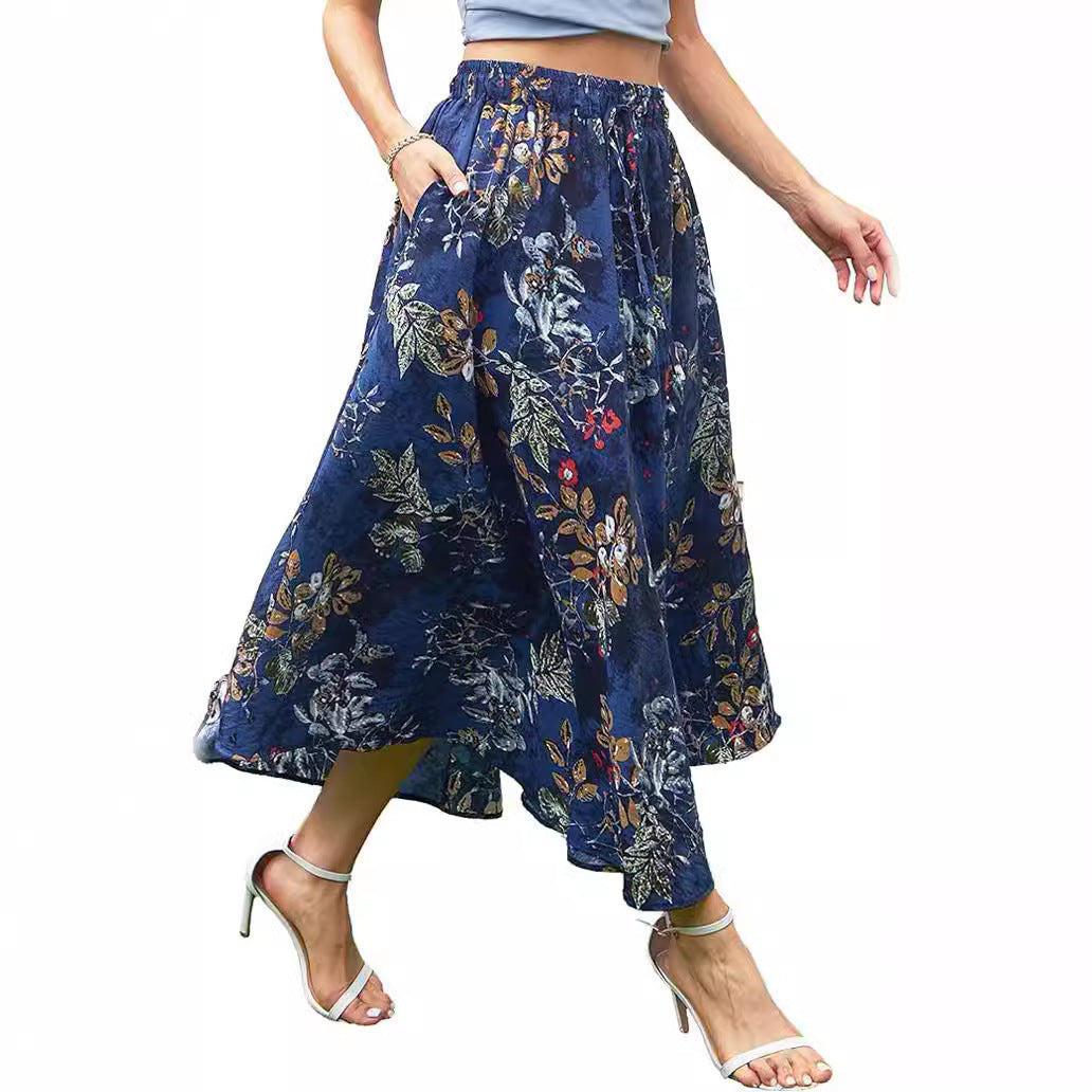 Large Swing Tight Waist Lace Printing Double Pocket Women's High Waist Skirt