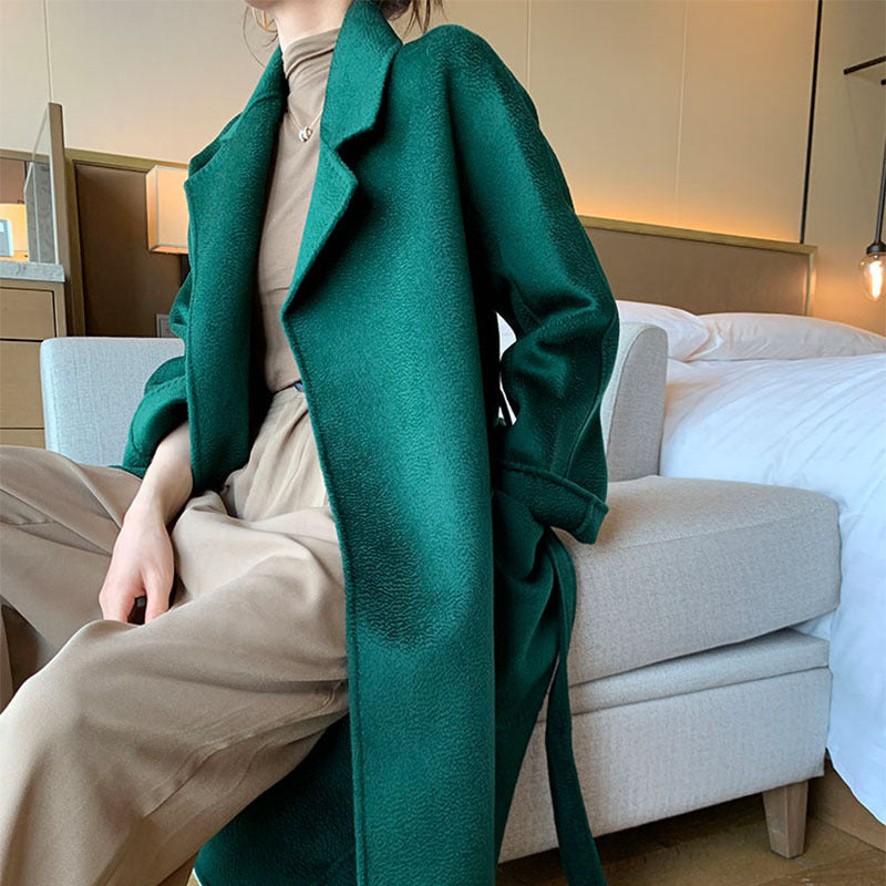 Long Lace-up Waist Woolen Woolen Coat