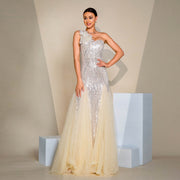 One-shoulder Diagonal Collar Slim-fit Sheath Sequined Slit Evening Dress