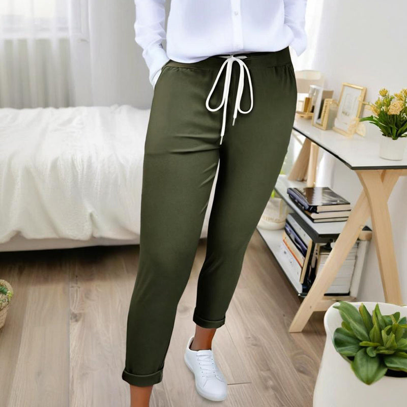 Women's Solid Color Casual Pants - Stretchy Waist With Drawstring Comfortable Lounge Pants