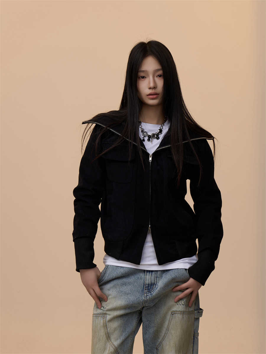 Antique Beige Lapel Design Jacket For Women Baggy Coat