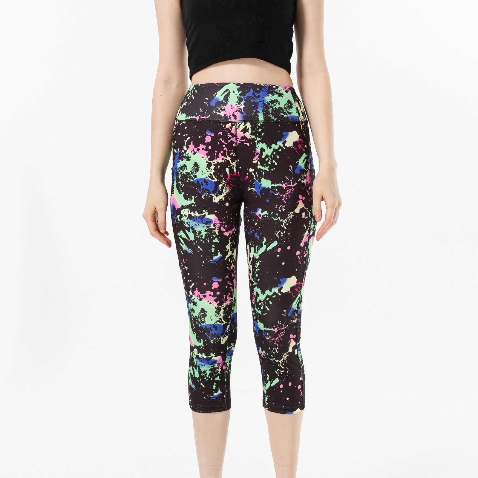 Three-color Water Drop Print Yoga Pants Pocket Cropped Leggings