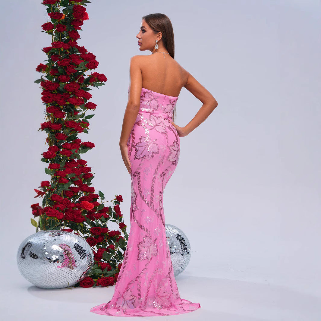 Wrapped Chest Off-neck Sheath Sequined Banquet Fishtail Evening Dress