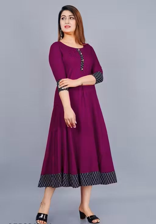 Beyond Fashion Stylish Solid Printed Flared Kurti for Women – Purple