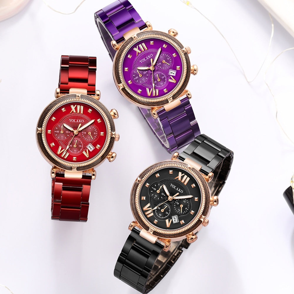 Women's Three-eye Calendar Alloy Steel Quartz Watch