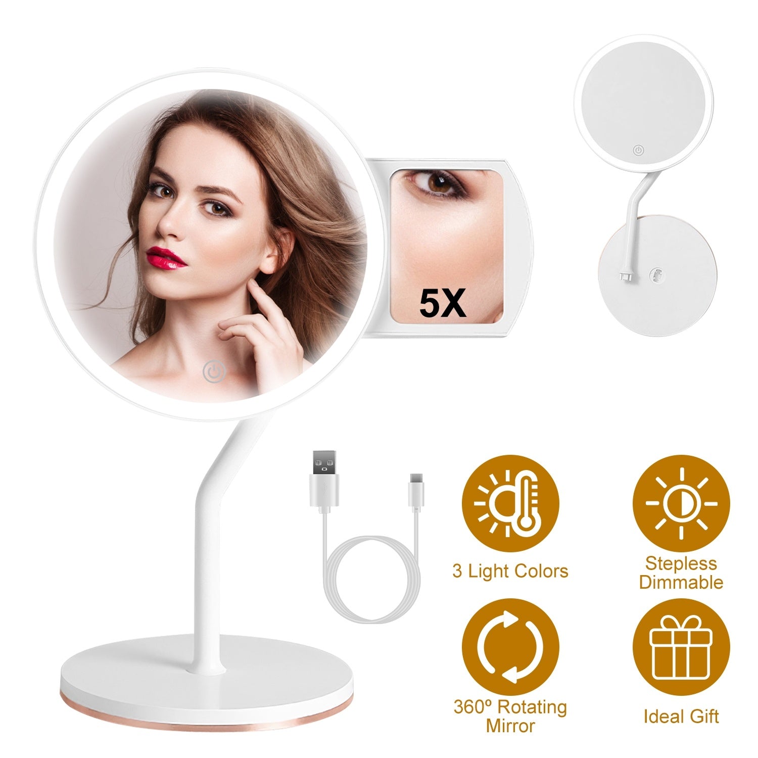 1Pc 7.48In 5X Magnifying Lighted Makeup Mirror Dimmable Magnification Mirror With Lights Lighted Vanity Mirror With 3 Light Colors