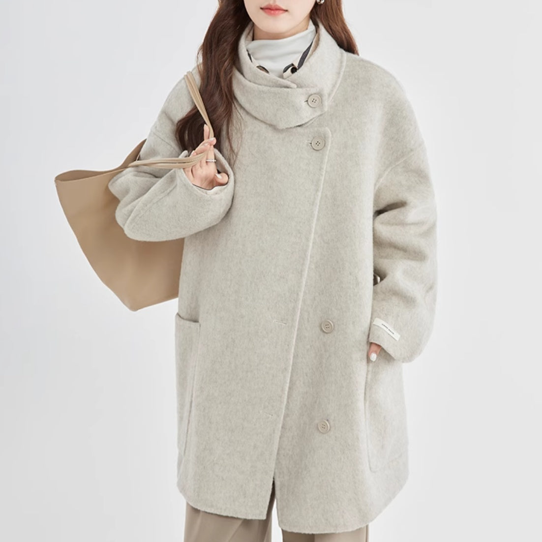 Stand Collar Loose Woolen Female Reversible Cashmere Coat