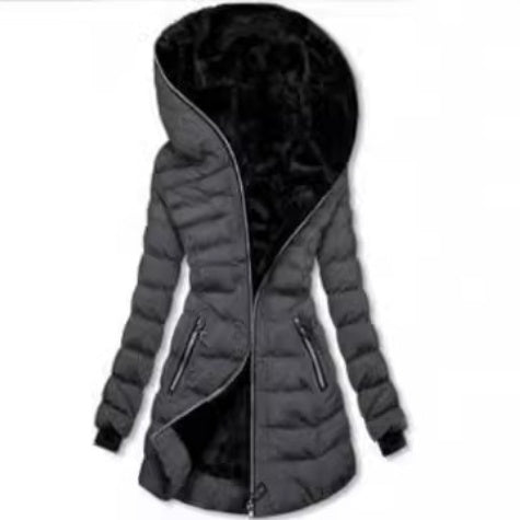 Hooded Warm Fleece Padded Jacket Mid-length Jacket Black Padded Jacket
