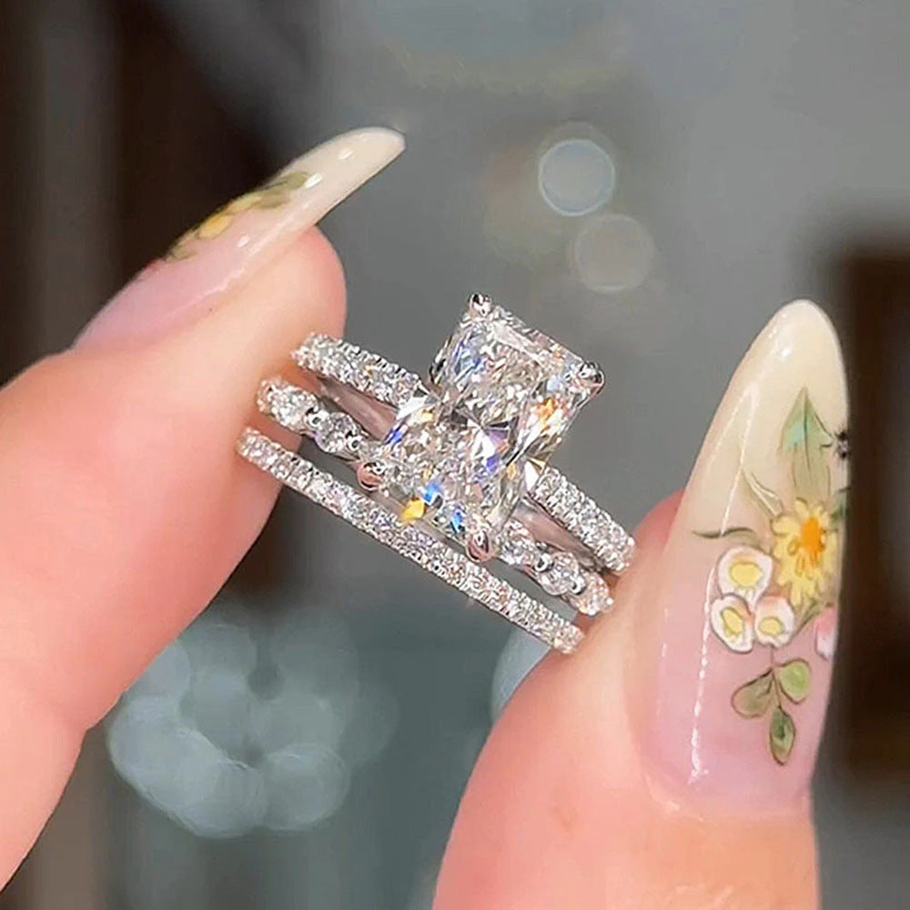 S925 Sterling Silver Super Shiny Ice Flower Cut Zircon Ring Suit