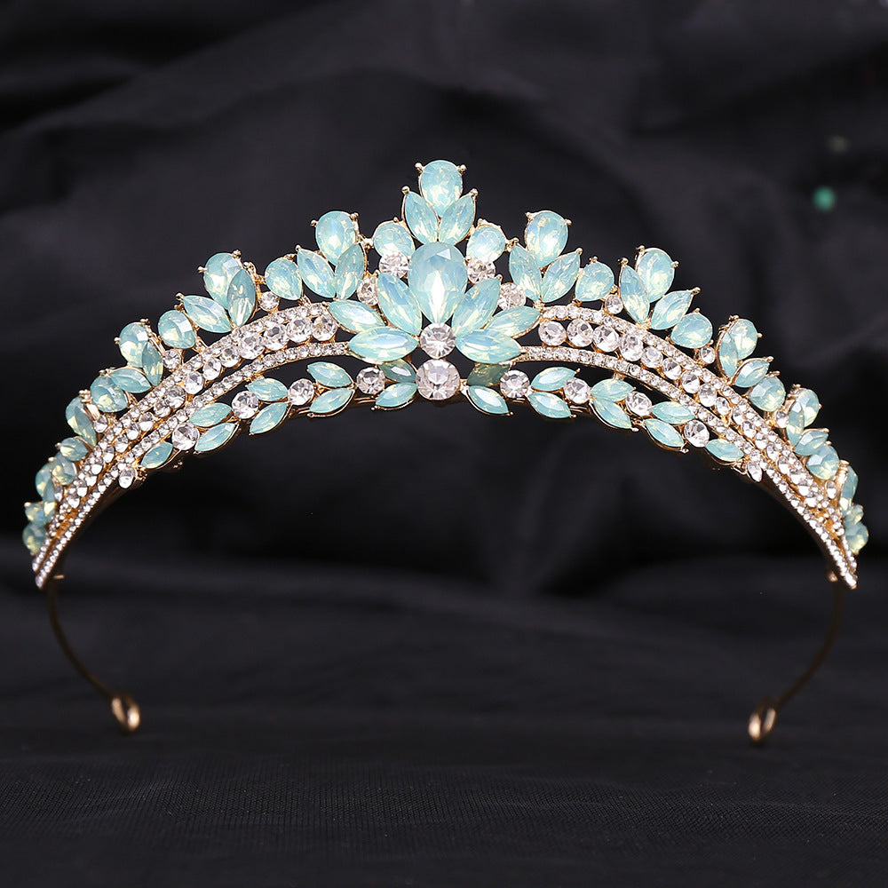 Wedding Birthday Headdress Crown Alloy Inlaid Protein Green Bright Crystal Bride