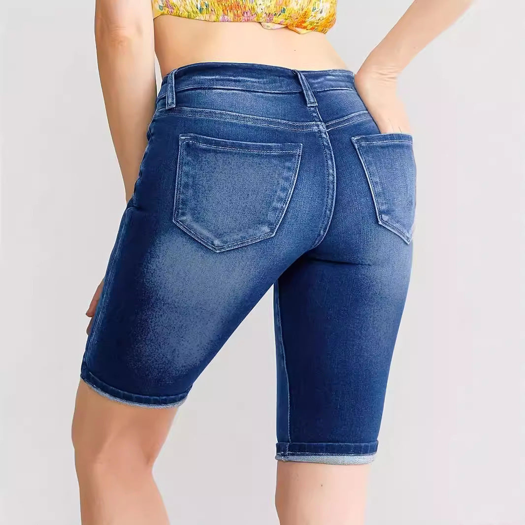 New Women's Slim Fit All-match Embossed Button Denim Shorts
