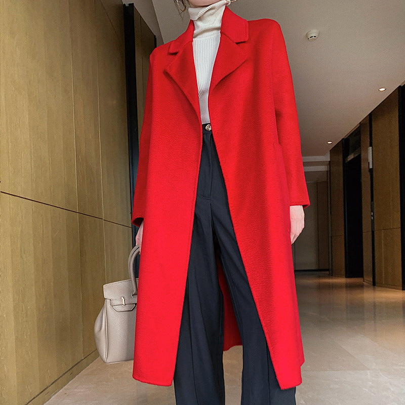 Long Lace-up Waist Woolen Woolen Coat