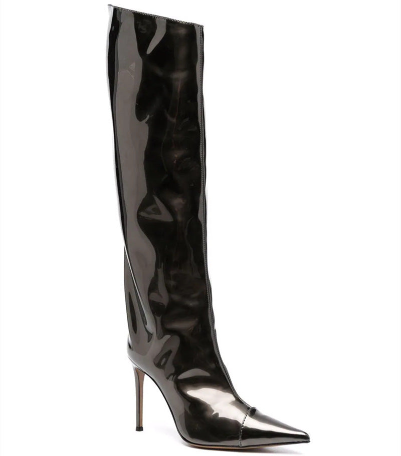 Women's High Heel Pointed Toe Symphony Patent Leather Knee Boots