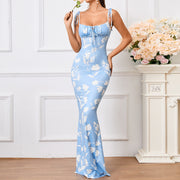 Floral Ruffle Back Tie Halter Maxi Bodycon Mermaid Dress With Multiple Patterns