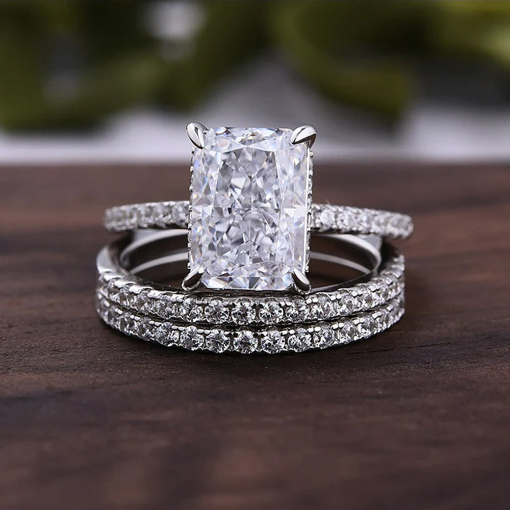 S925 Sterling Silver Super Shiny Ice Flower Cut Zircon Ring Suit
