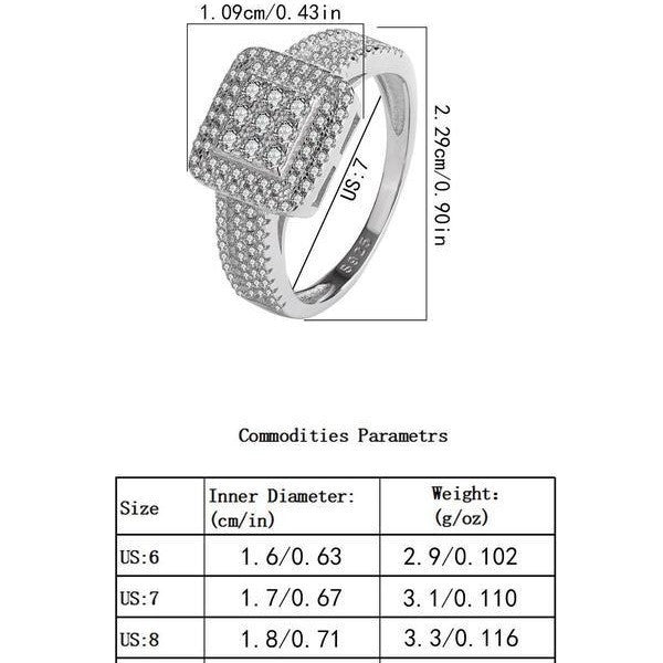 925 Sterling Silver Luxury Rhinestone Square Ring