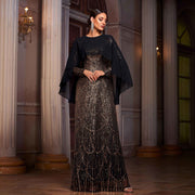Elegant Long Sleeve Round Neck Shawl Banquet Sequined A- Line Evening Dress