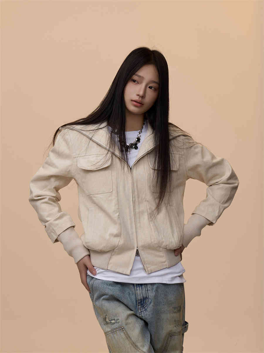 Antique Beige Lapel Design Jacket For Women Baggy Coat