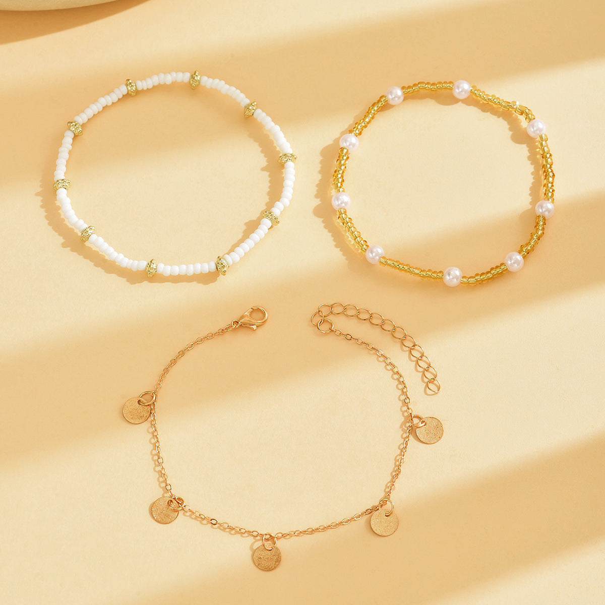 Bohemian Style Iron Wafer Pendant Bead Anklet Three-piece Set