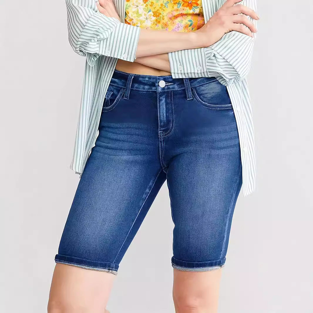 New Women's Slim Fit All-match Embossed Button Denim Shorts