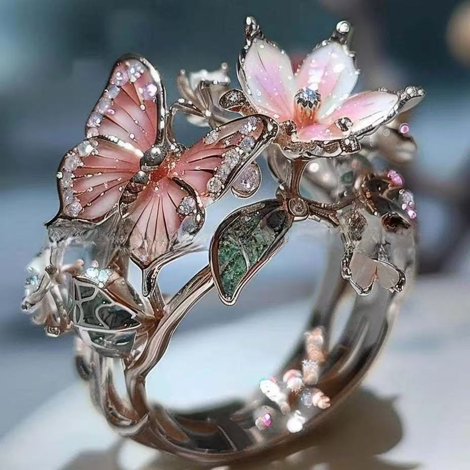 INS Flower Butterfly Ring With Rhinestones And Oil Dropping Design Fashion Personalized Jewelry For Women