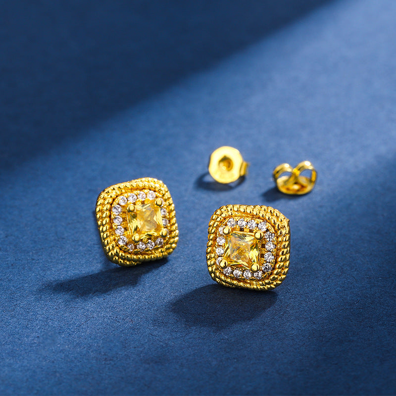 Women's Simple Small Sugar Cube Rings Ear Studs Jewelry Copper-plated Gold Jewelry Suit