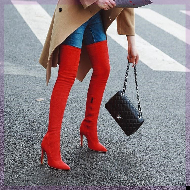 Women Stretch Knee Big Red Boots