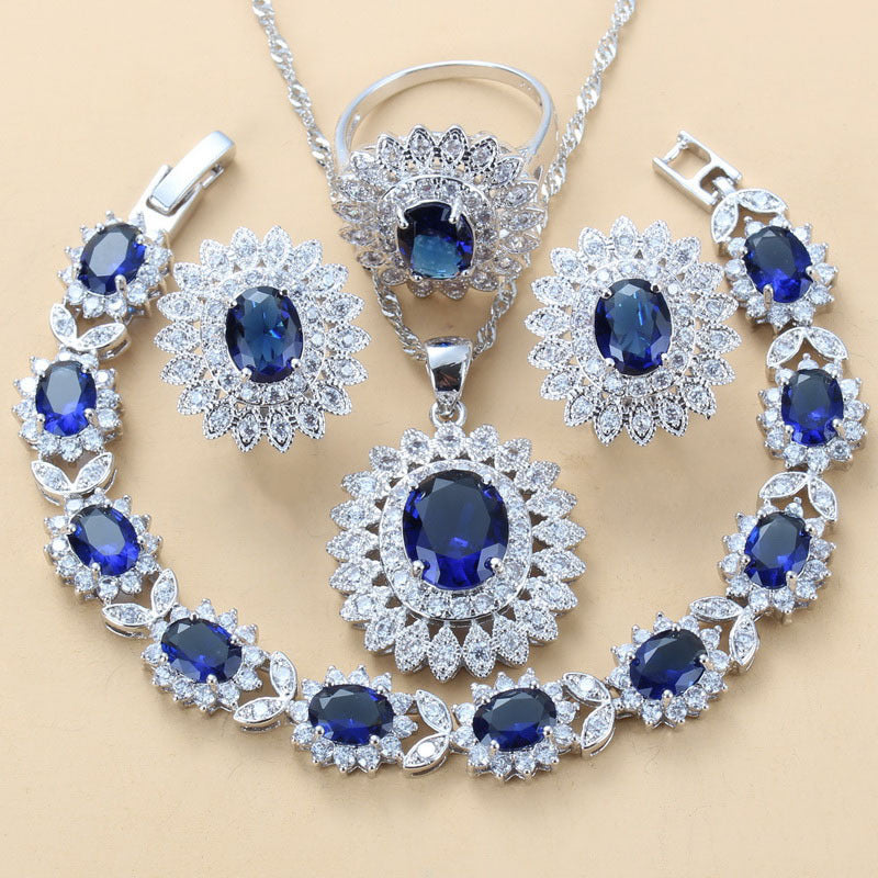 Garnet Cubic Zirconia Earrings Pendant Necklace Bracelet Ring Gift 4 PCs Set