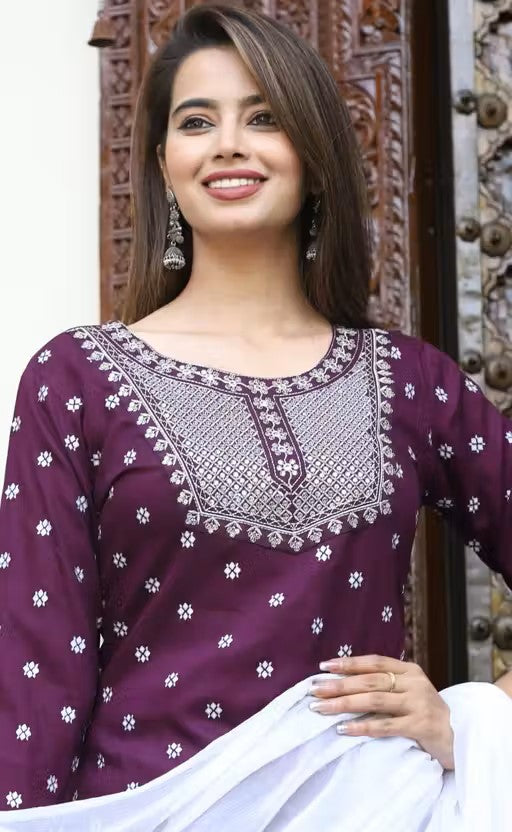 Beautiful Rayon Embroidery Neck Suit Set – Stylish 3 PC Outfit for Women