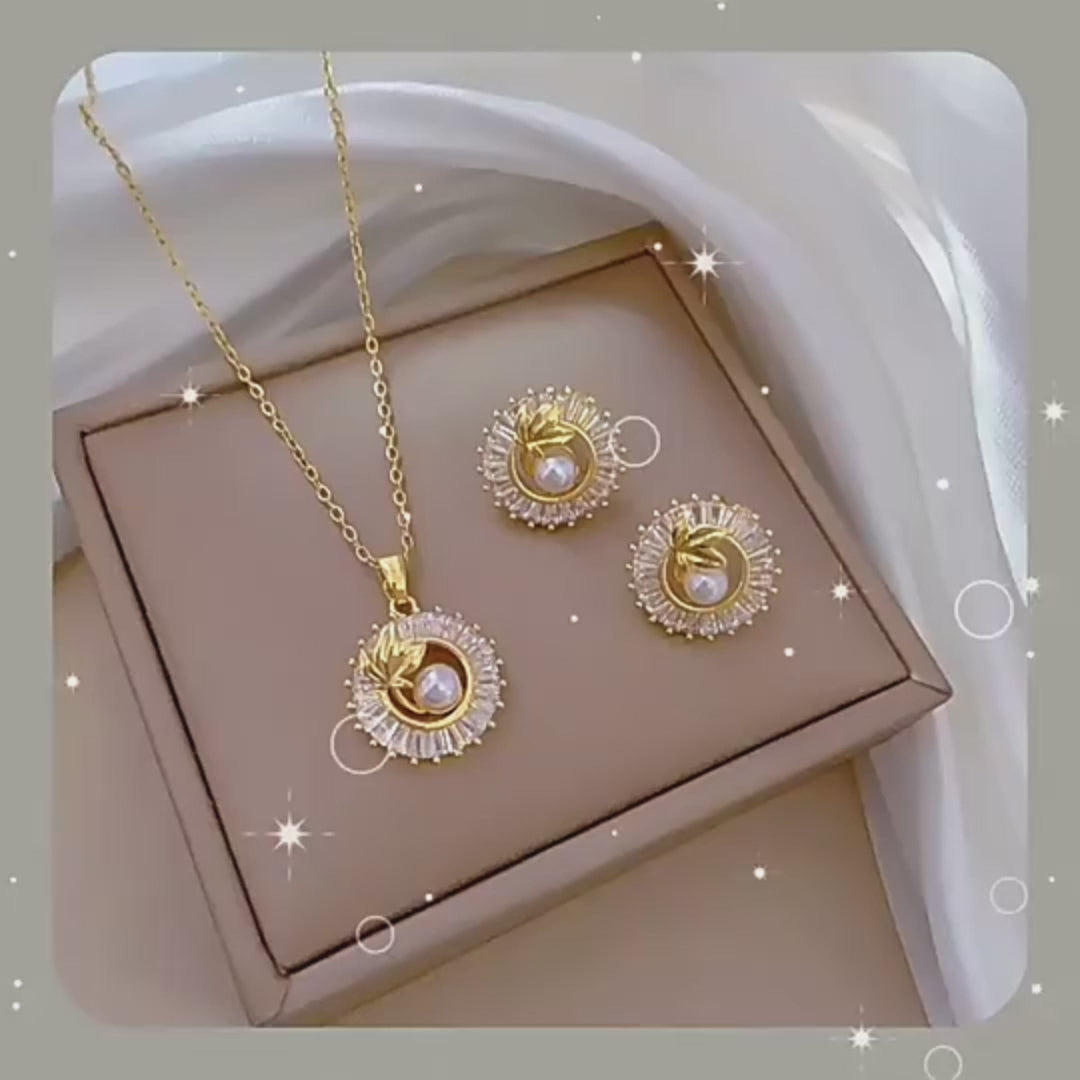 Load video: Fashion Jewelry Square Full Diamond Personalized Round Ring Leaves Necklace And Earrings Suite