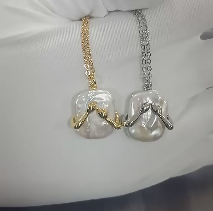 Load video: Unique Square Baroque Pearl Couple Pendant Necklace Valentines Day Lover Gift Party Jewelry