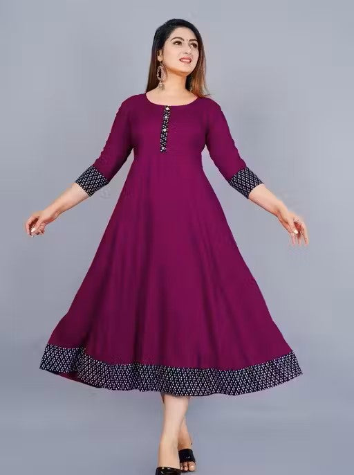 Beyond Fashion Stylish Solid Printed Flared Kurti for Women – Purple